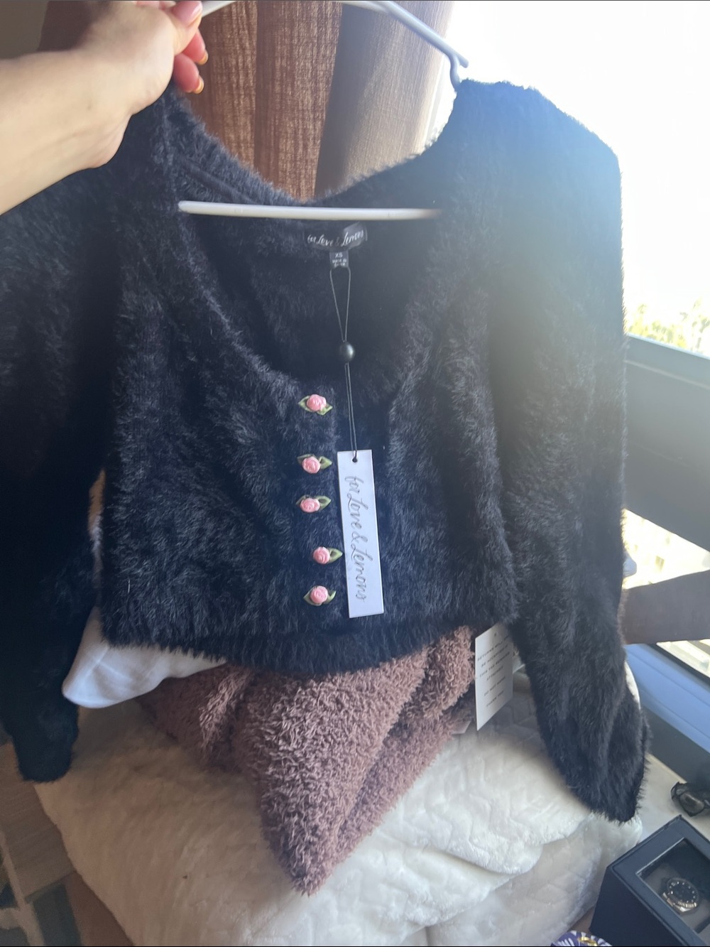 For Love & Lemons Black Fuzzy V‑Neck Sweater with Pink Rose Buttons